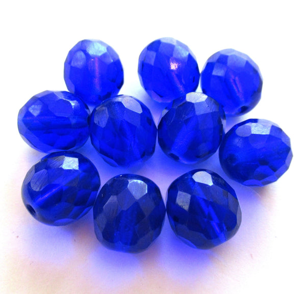 Ten large 12mm Czech glass beads - cobalt blue fire polished faceted round beads C0016