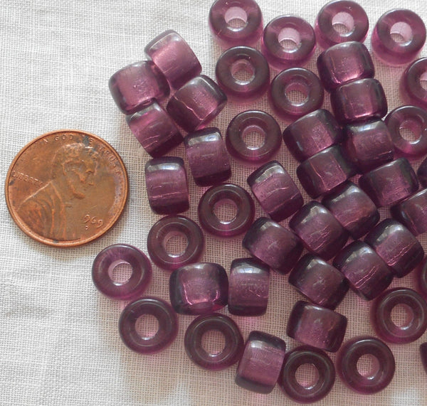 25 9mm Czech Amethyst or Purple pony roller beads, large hole iridescent multicolored glass crow beads, C7625