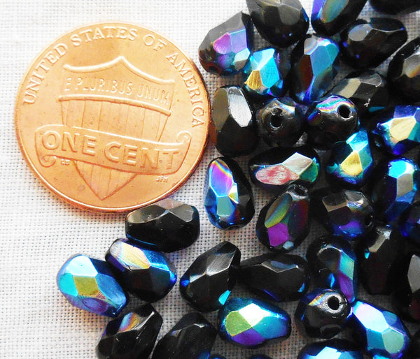 Lot of 25 7 x 5mm Jet Black AB teardrop Czech glass beads, faceted firepolished beads C9601 - Glorious Glass Beads