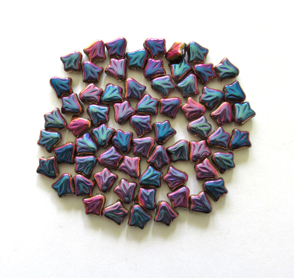 Lot of 25 8.5mm Czech glass flower beads - blue, pink & purple metallic rainbow pressed glass lily flower beads C0088