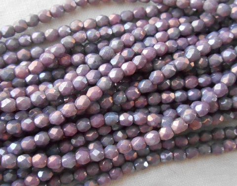 50 3mm Czech glass beads, Opaque Amethyst Luster, firepolished, faceted purple luster round beads C1550