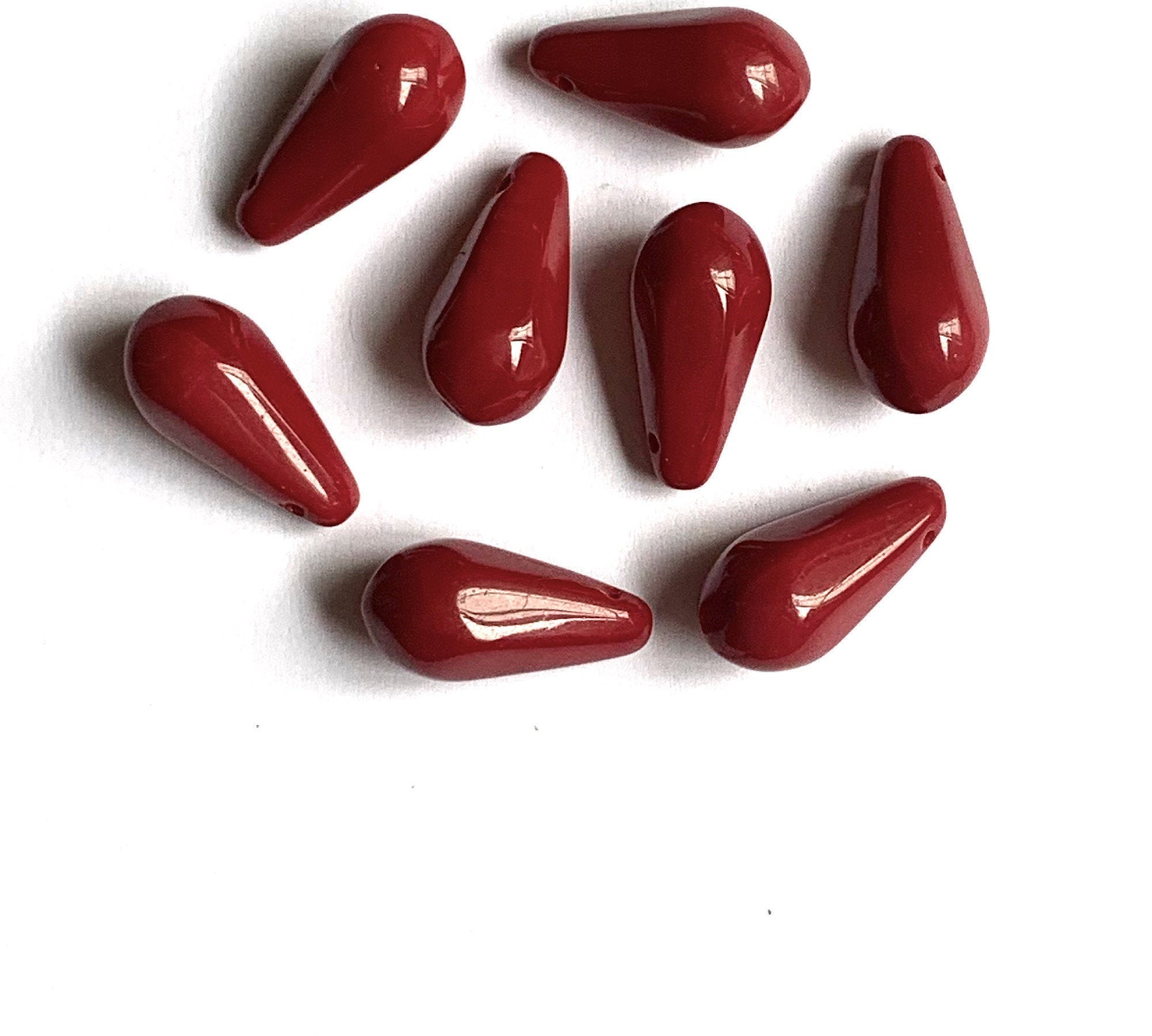 Ten large Czech glass teardrop beads - 9 x 18mm opaque blood red side drilled pressed glass six sided drops C00501