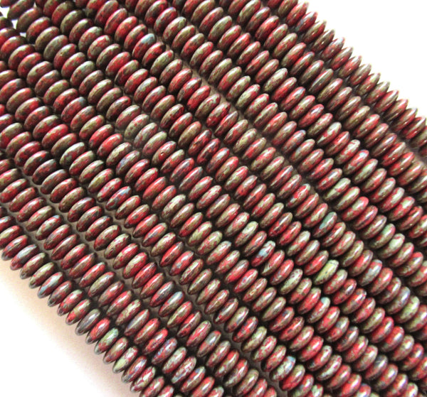 Lot of 50 6mm Czech glass rondelle beads - opaque red flat spacers or rondelles with a full picasso coat - C0077