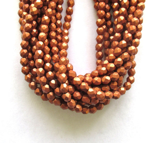 Lot of 50 4mm Czech glass beads - saturated metallic russet orange round, faceted fire polished beads C0034