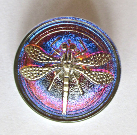 One 22mm Czech glass dragonfly button - iridescent purple, pink and blue with silver decorative shank button 00051