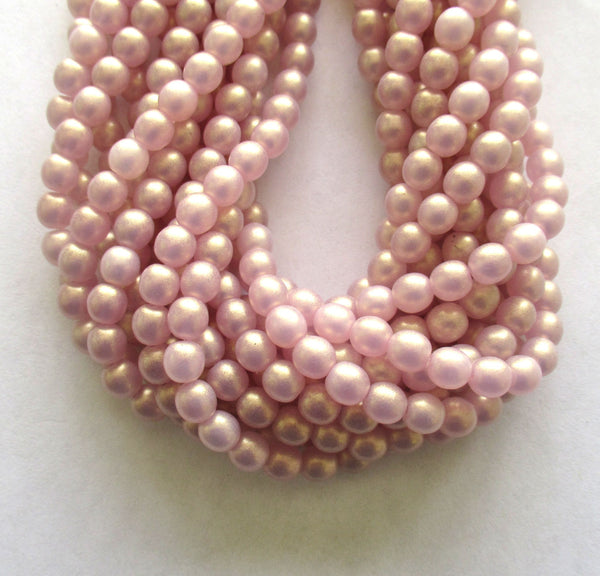 50 6mm Czech glass druk beads - Matte Sueded Gold Milky Pink smooth round druks - C0036