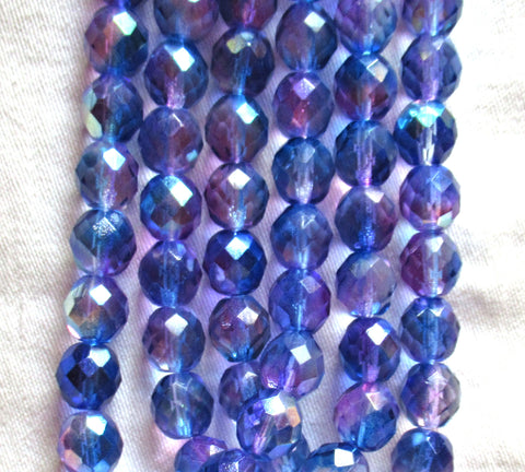Lot of 20 Czech glass 10mm beads - blue, purple ab mix - firepolished faceted round beads