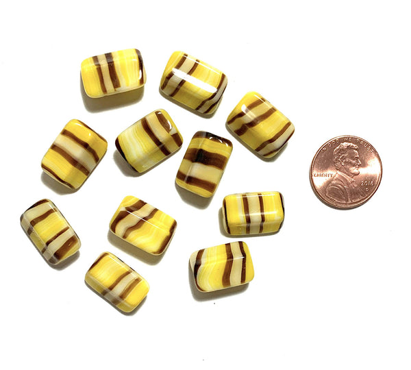 Six Czech glass rectangle beads - 16 x 12mm yellow, brown, and white striped - 4-sided diamond shaped large, chunky rectangle beads C0005