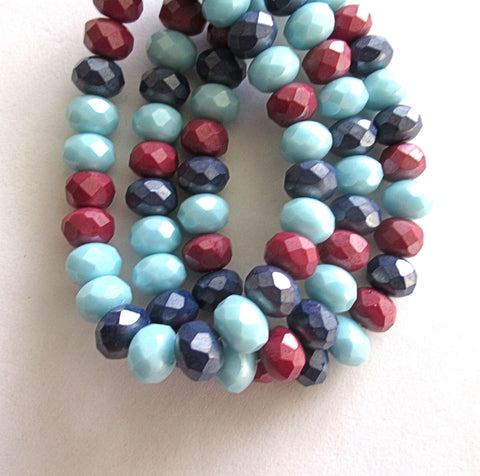 25 Czech glass faceted puffy rondelles - 6 x 8mm opaque red & blue luster color mix rondelle beads - 00191