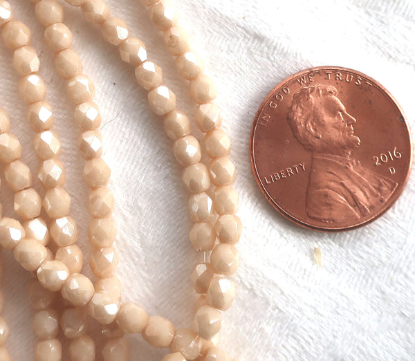 Lot of 50 3mm Off White Opaque Luster Champagne Czech glass beads, firepolished faceted round beads C8450 - Glorious Glass Beads