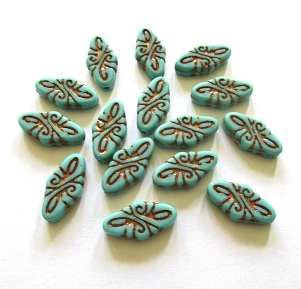 8 Czech glass arabesque beads - 9 x 19mm turquoise green diamond shaped engraved beads with a bronze wash - C0049