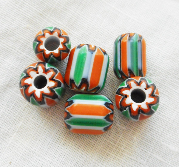 Lot of 15 orange, green and white striped chevron glass Beads 8 x 9mm C3701