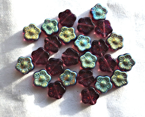 Lot of 25 10mm Dark Amethyst AB Czech glass flower beads, purple pressed glass flower beads, C6901