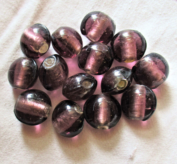 Lot of ten amethyst / purple silver foil glass beads - large oval purple or amethyst focal beads - approx 16 x 14mm made in India 6801