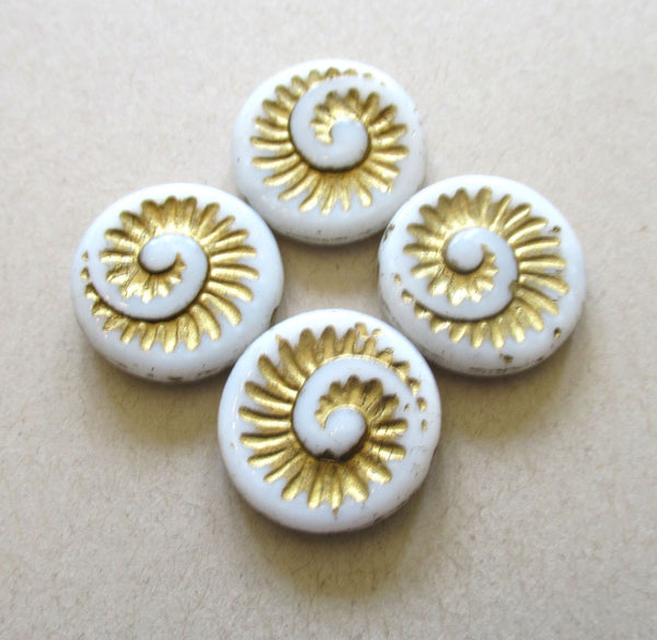 Four large Czech glass snail fossil beads - 18mm opaque white with a gold wash - coin / disc / focal beads C0054