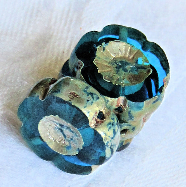 Lot of five 14mm Czech glass flower beads, table cut, carved, transparent capri blue picasso Hawaiian flower beads C02101 - Glorious Glass Beads