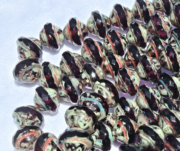 Ten dark purple Czech glass saturn beads, 8 x 10mm transparent amethyst faceted saucer beads with a picsso finish C01001