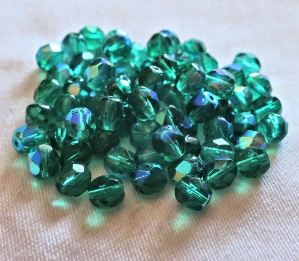 Lot of 25 viridian, teal blue green AB Czech glass beads - 6mm firepolished, faceted round beads C7425