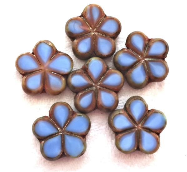 Lot of five 17mm table cut, carved,opaque, denim blue with pink / brown picasso accents, Czech glass flower beads C53105