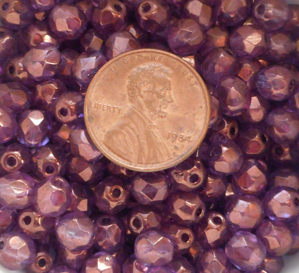 25 6mm Czech glass beads, Lumi Amethyst Purple Iridescent firepolished, faceted round beads C9425