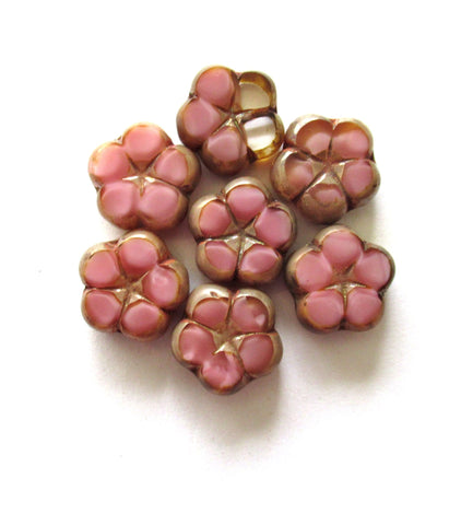 Lot of 6 Czech glass flower beads - 16mm table cut carved opaque silky pink & crystal marbled glass with picasso accents C00612