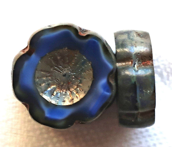 Lot of six 14mm table cut, carved, Czech glass flower beads. opaque, marbled satin, silk, midnight blue picasso Hawaiian flowers C80101