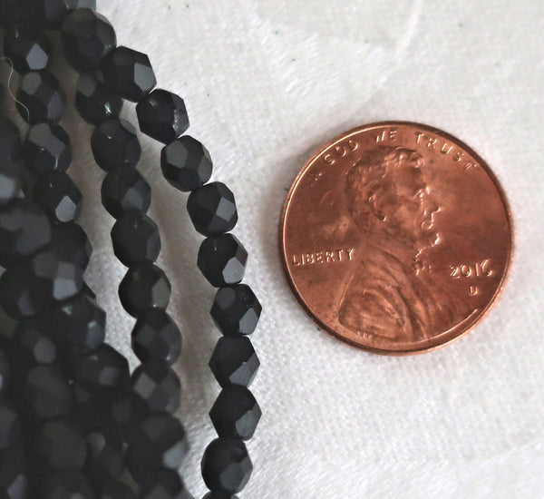 Lot of 50 4mm matte Jet Black Czech glass beads, round faceted firepolished beads, C3450 - Glorious Glass Beads