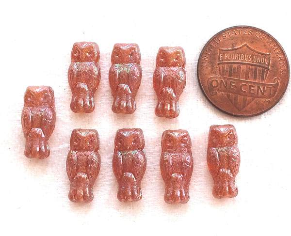 Lot of 10 small Czech glass owl beads, apricot orange luster iridescent, two sided earring beads, 15mm x 7mm 0801 - Glorious Glass Beads