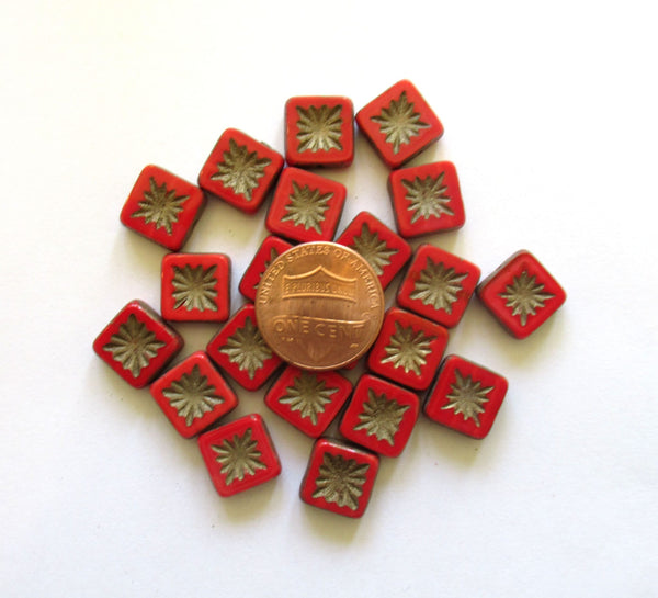 Ten 10mm x 10mm Czech glass square beads - red carved, table cut bead with matte gold picasso accents - C00801