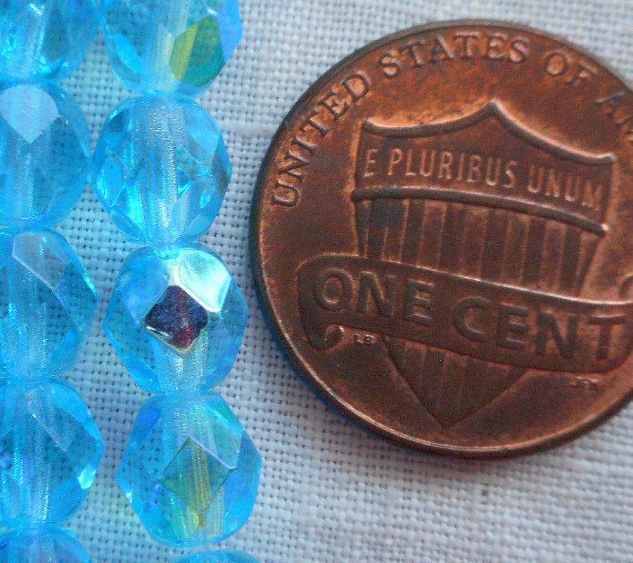 25 6mm Aqua, Aquamarine, blue AB Czech glass beads, faceted fire polished round beads C8401