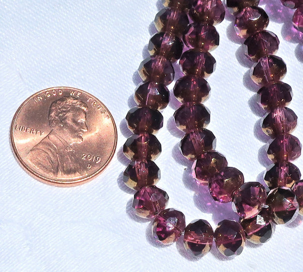 25 Czech glass faceted puffy rondelle beads - 5 x 7mm transparent & purple / amethyst with a bronze picasso finish rondelles C00201 - Glorious Glass Beads