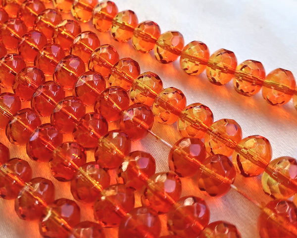 Lot of 25 6 x 9mm Hyacinth Orange & Amber, Fire Opal puffy rondelle beads, firepolished, faceted Czech glass beads 00161