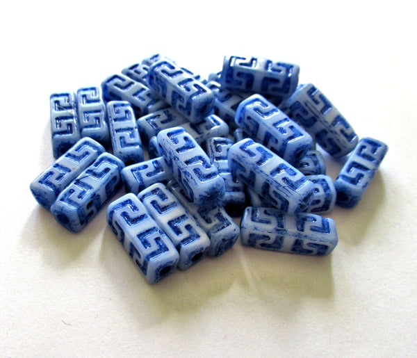 12 Czech glass beads - squared tube beads - Celtic block beads - white with a blue wash - 15 x 5mm C0045