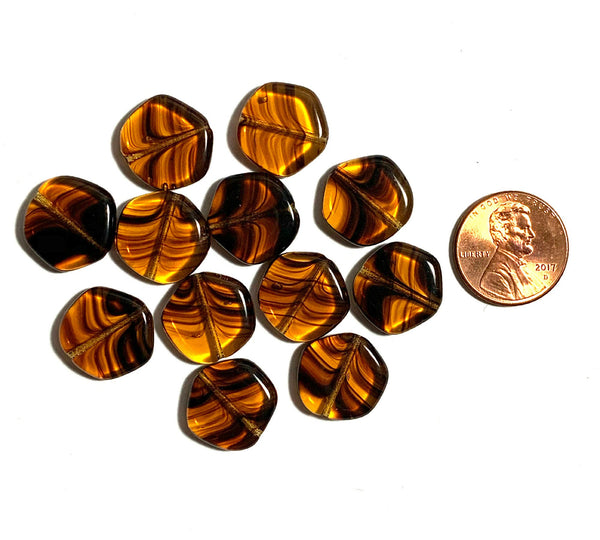 Ten 15mm Czech glass asymmetrical coin or disc beads - tortoise shell beads - C0005
