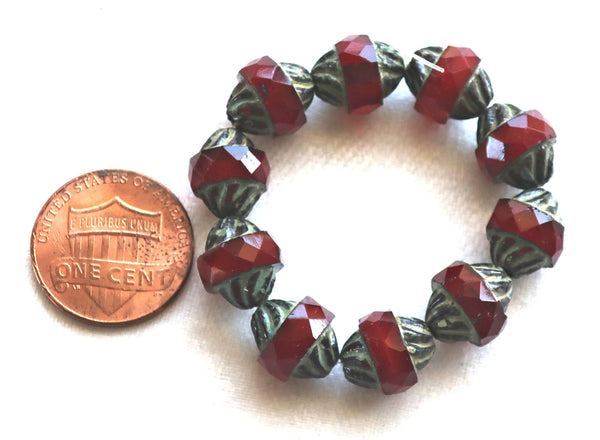 Five Czech glass faceted turbine beads, 11 x 10mm translucent garnet red with a picasso finish C54101 - Glorious Glass Beads