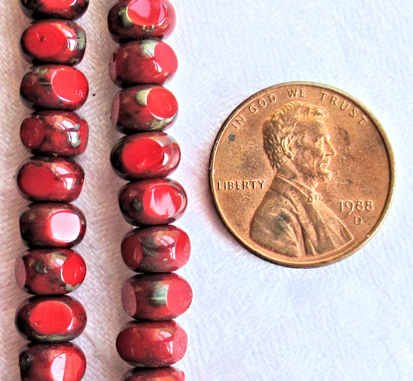 Strand of 37 Tricut - Tri-cut - Round opaque red picasso Czech glass beads - table cut 7mm x 4mm rustic earthy beads C00219 - Glorious Glass Beads