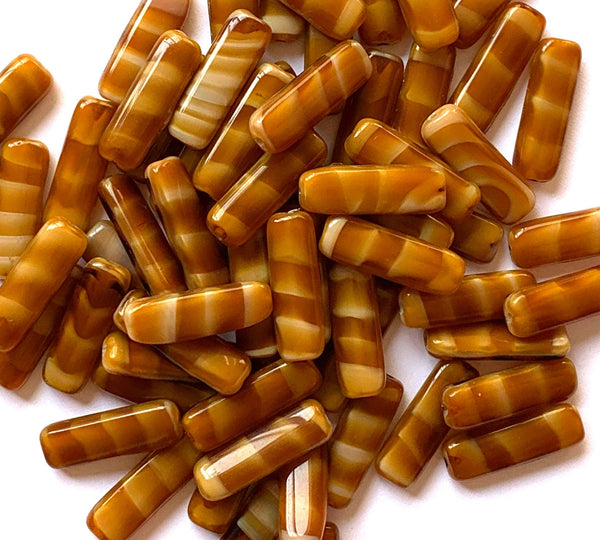 15 Czech glass flat tube beads - 6 x 17mm marbled, striped brown or caramel and white beads C0401