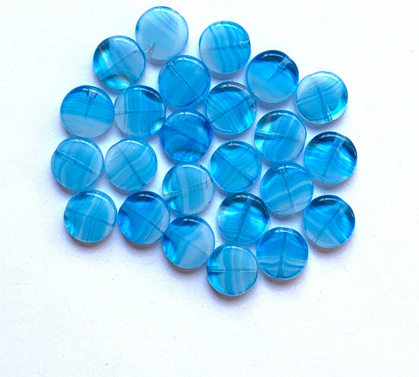 15 Czech glass coin beads - 10mm aqua blue marbled, milky, striped disc beads C0057