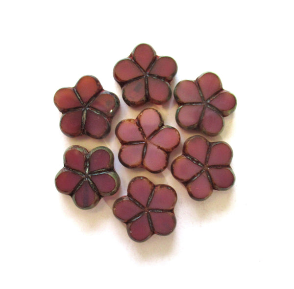 Lot of five Czech glass flower beads - 17mm table cut carved translucent dark pink or mauve picasso accents 00091