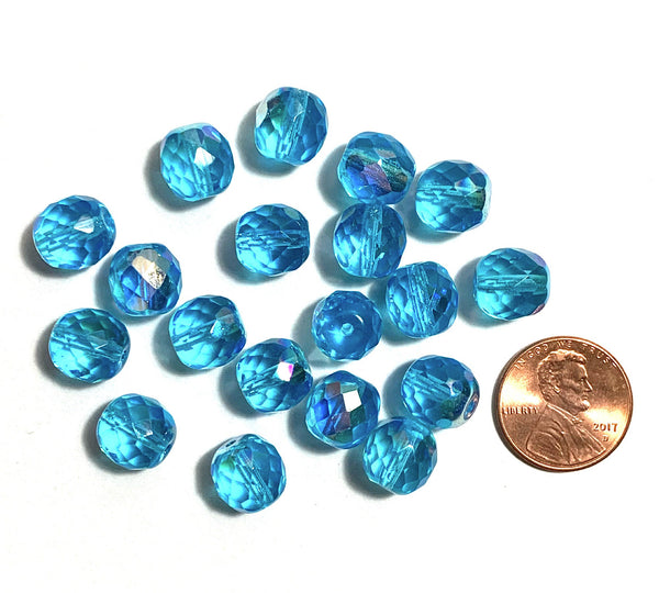 Twenty Czech glass fire polished faceted round beads - 10mm aqua blue AB beads C0088