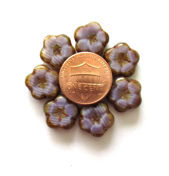 Lot of 6 Czech glass flower beads - 14mm table cut carved opaque silky marbled purple amethyst beads with picasso accents C00031