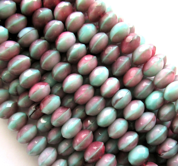 25 Czech glass puffy rondelle beads - 6 x 9mm faceted transparent pink & opaque mint green color mix rondelles C00662