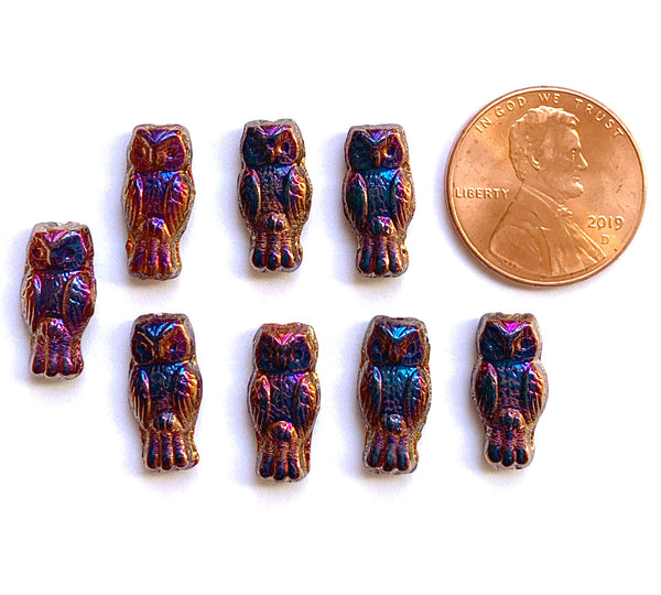 10 Czech glass owl beads - top drilled 7 x 15mm metallic purple gold pressed glass beads C0052