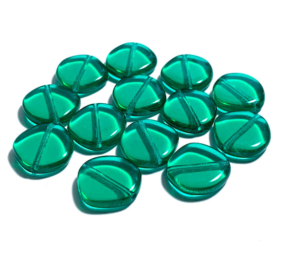 Ten 15mm Czech glass asymmetrical coin or disc beads - teal blue green beads - C0084