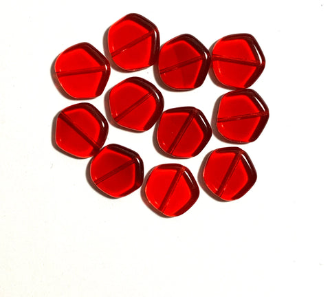 Ten 15mm Czech glass asymmetrical coin or disc beads - transparent Siam red beads - C0055