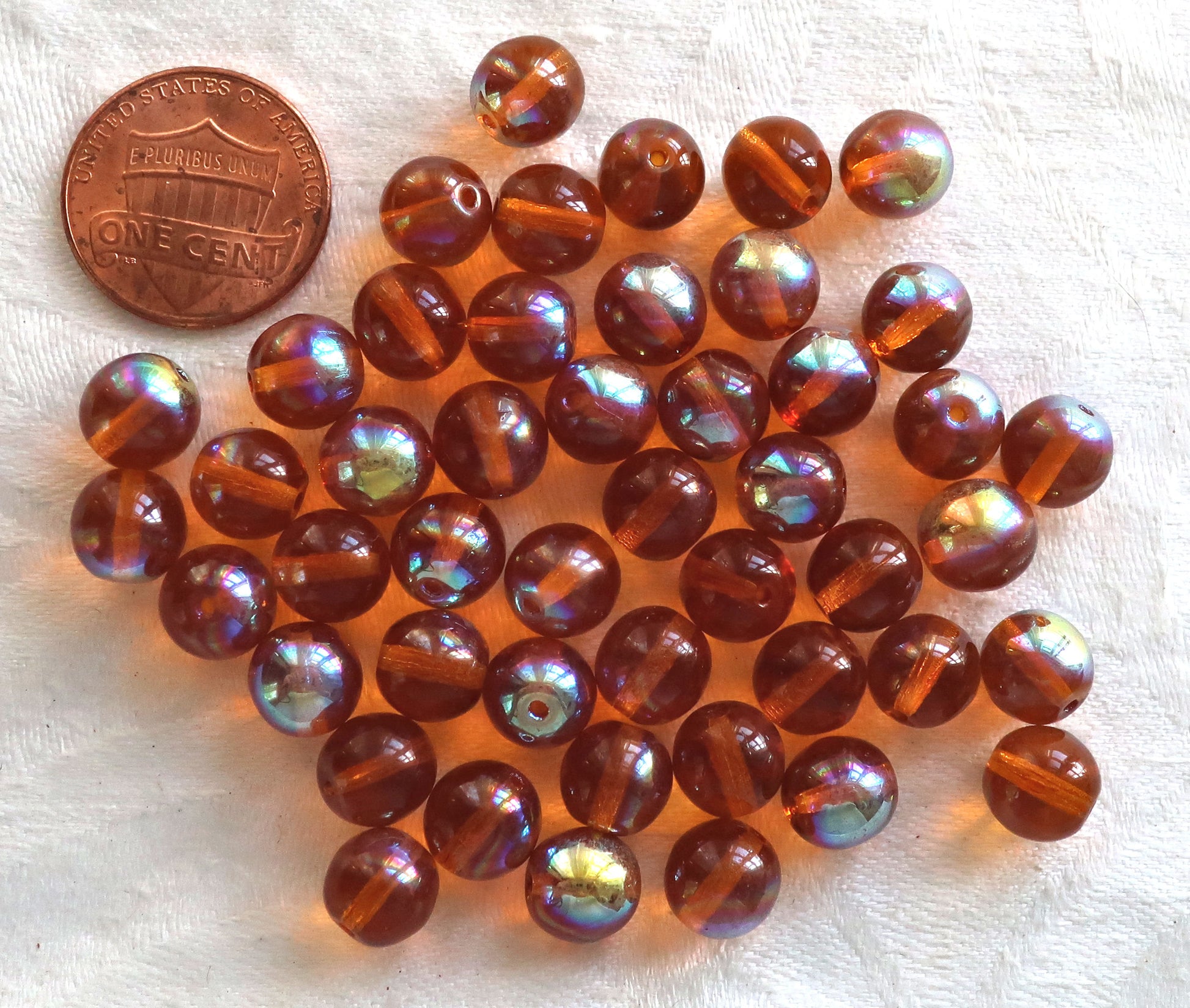 Lot of 25 8mm Topaz AB Czech glass druk beads, dark amber AB smooth round druks, C6201 - Glorious Glass Beads