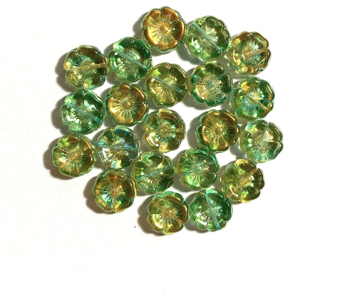 Ten 12mm Czech glass flower beads - green and yellow AB pressed glass flowers - C0111