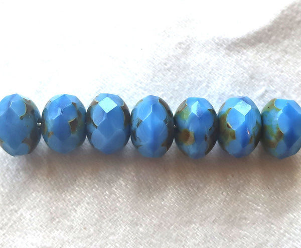 25 Czech glass faceted puffy rondelle beads, 6 x 8mm opaque silky sky blue picasso rondelles on sale 55101 - Glorious Glass Beads