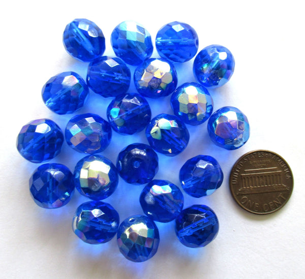 Ten Czech glass fire polished faceted round beads - 12mm sapphire blue beads with an AB finish C0089