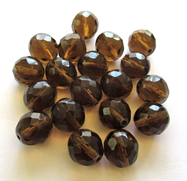 Ten Czech glass fire polished faceted round beads - 12mm smoky topaz brown beads C0026